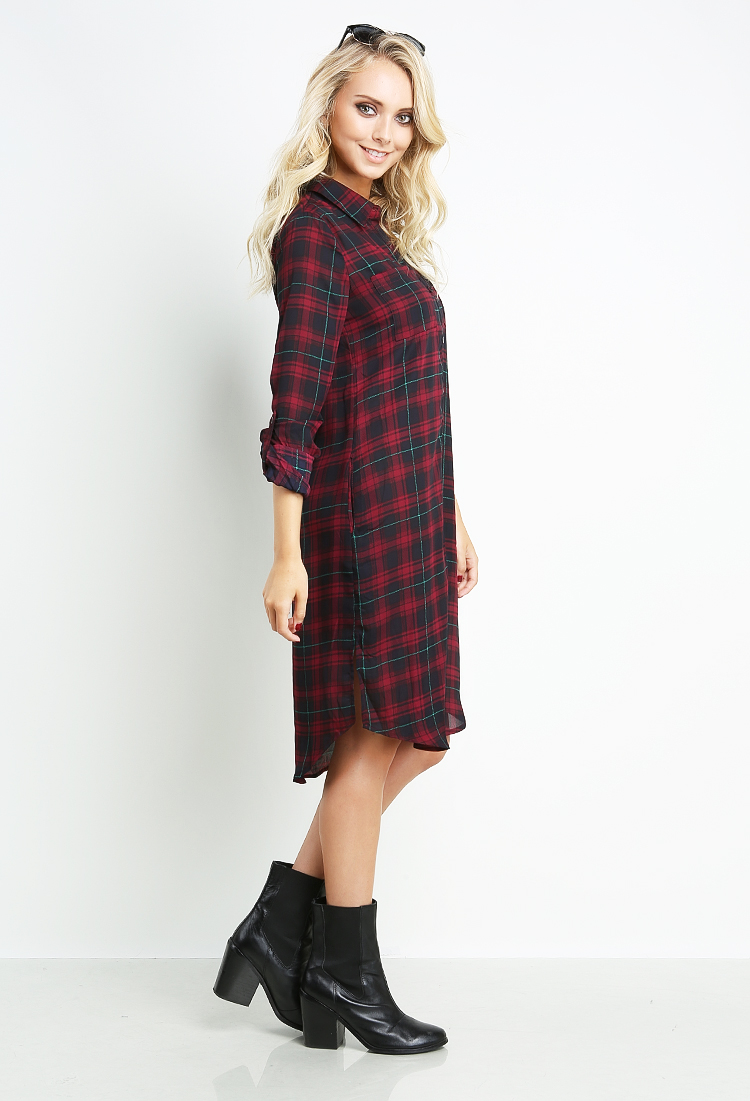 Long Plaid Blouse/Dress With Pockets 
