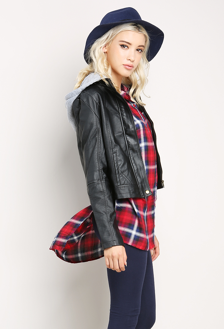 Faux Leather Hooded Jacket