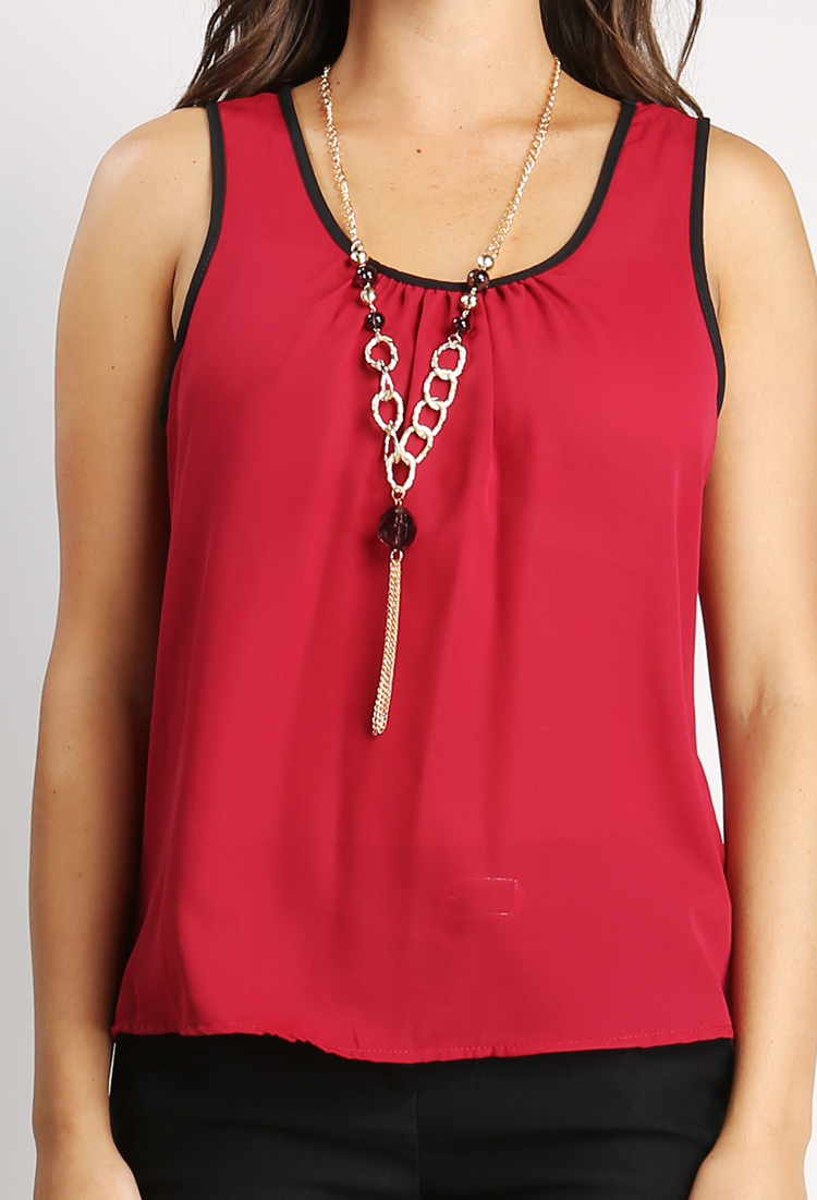 Back Lacy Chiffon Top W/Necklace