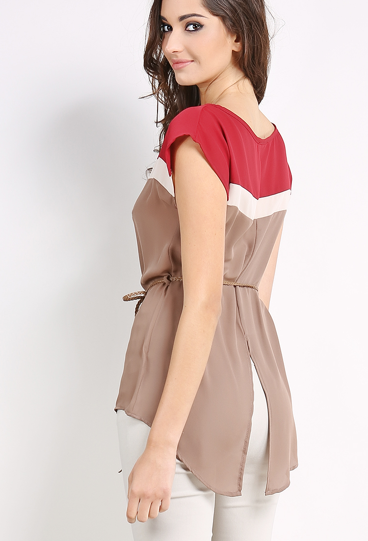 Colorblock Belted Chiffon Top