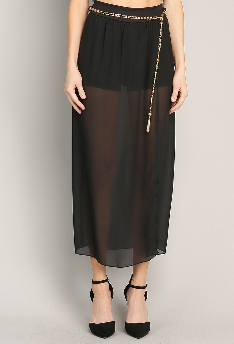 Chain Belted Sheer Maxi Skirt
