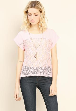 Lace Paneled Top W/Necklace