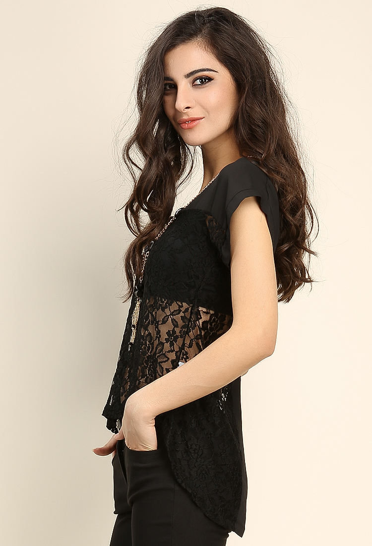 Lace Paneled Top W/Necklace