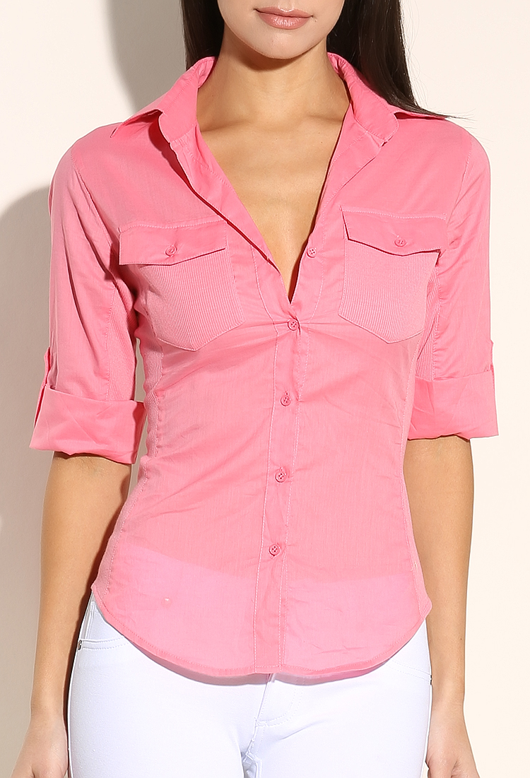 Ribbed Pocket Roll-Up Blouse