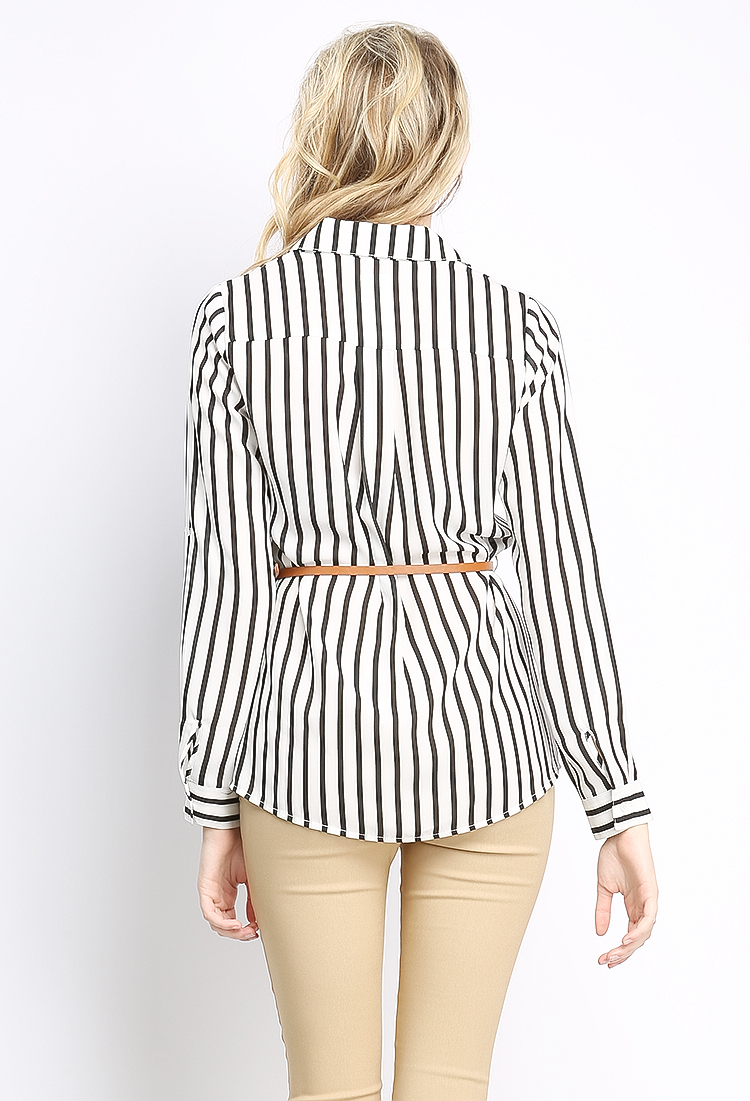 Belted Stripe Button-Up Blouse