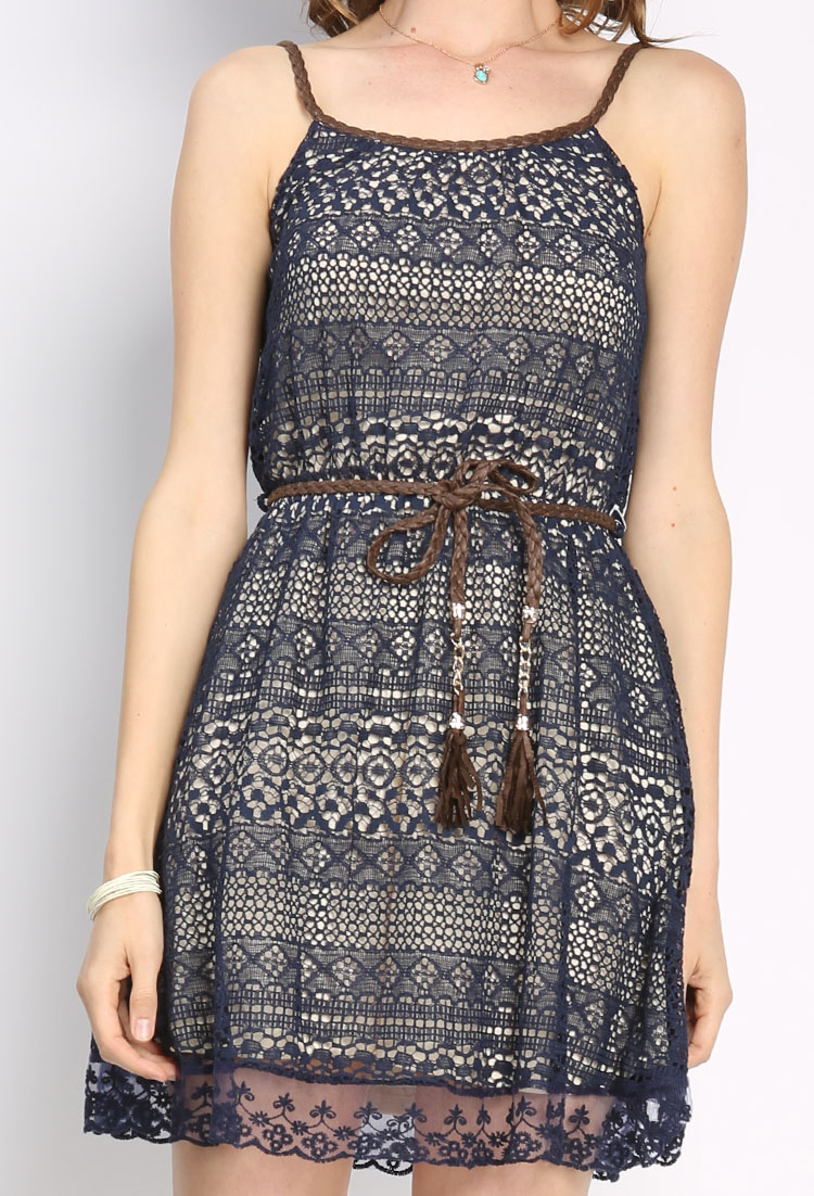 Lace Overlay Mini Dress W/Belt