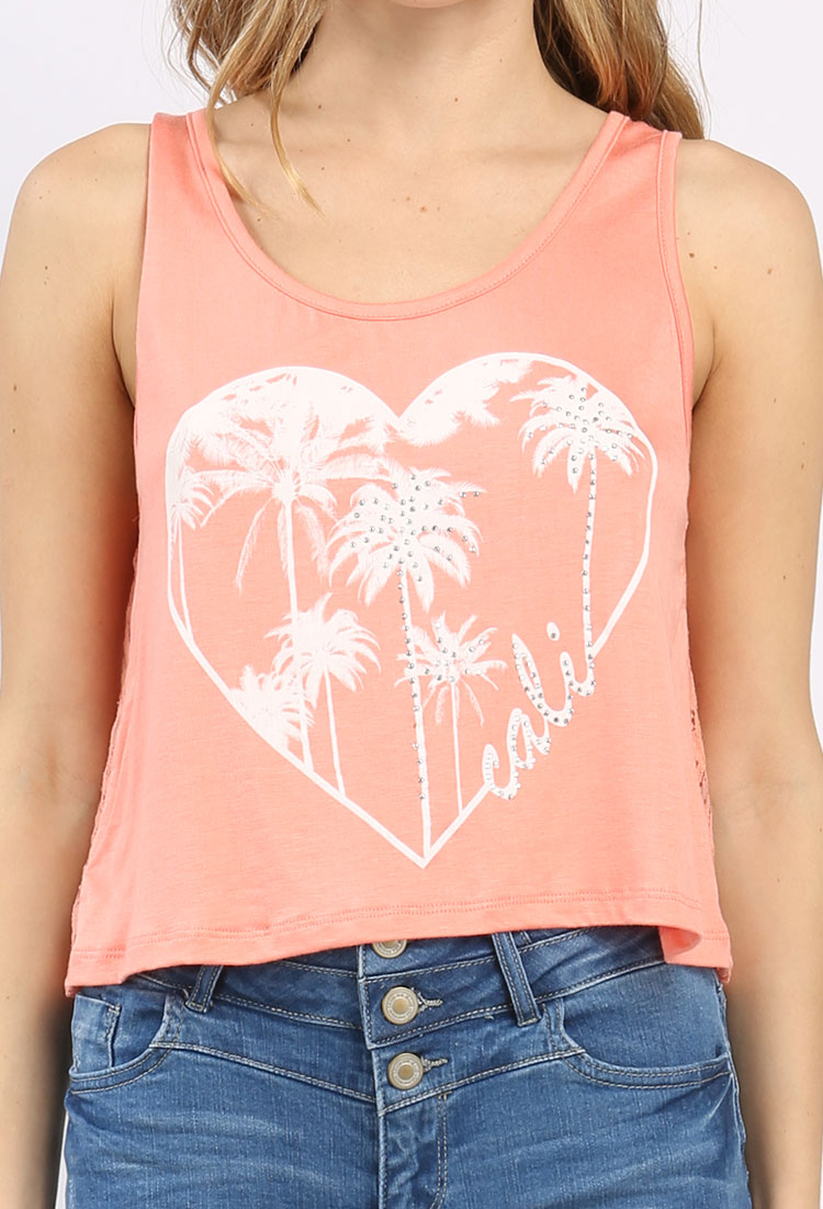 Lace Back Detail Palm Tree Graphic Top