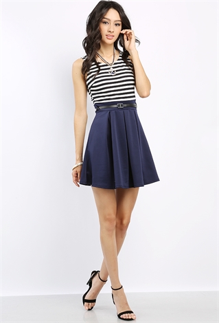 Striped Flare Mini Dress W/Belt