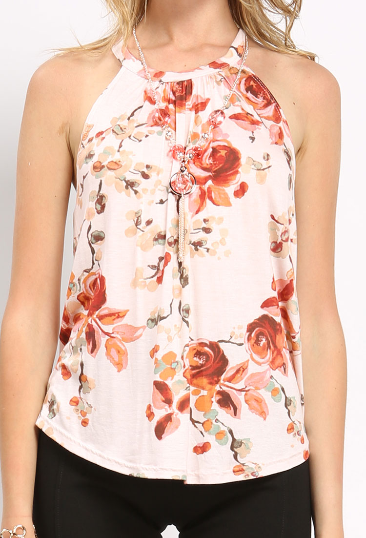 Floral Printed Sleeveless Top W/Necklace