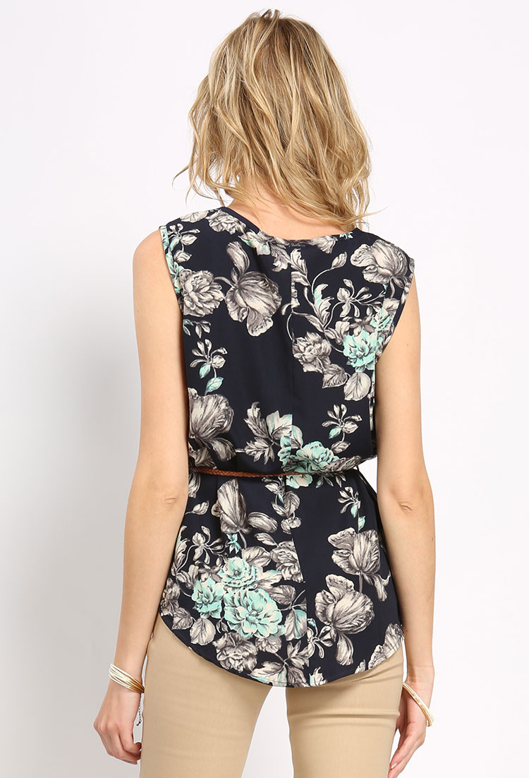 Floral Patterned Sleeveless Top W/Belt