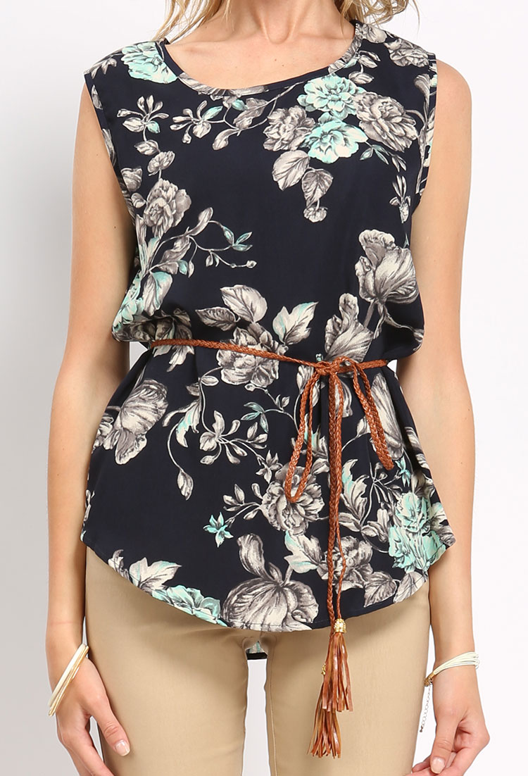 Floral Patterned Sleeveless Top W/Belt