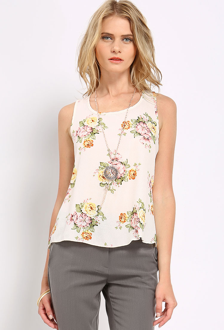 Floral Chiffon Top W/Necklace