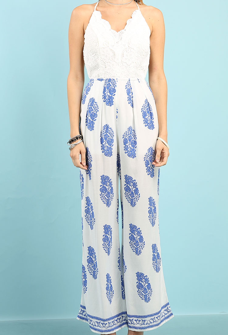 Printed Backless Lace Jumpsuit