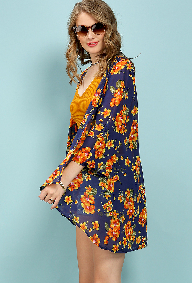 Floral Patterned Open Kimono Cardigan