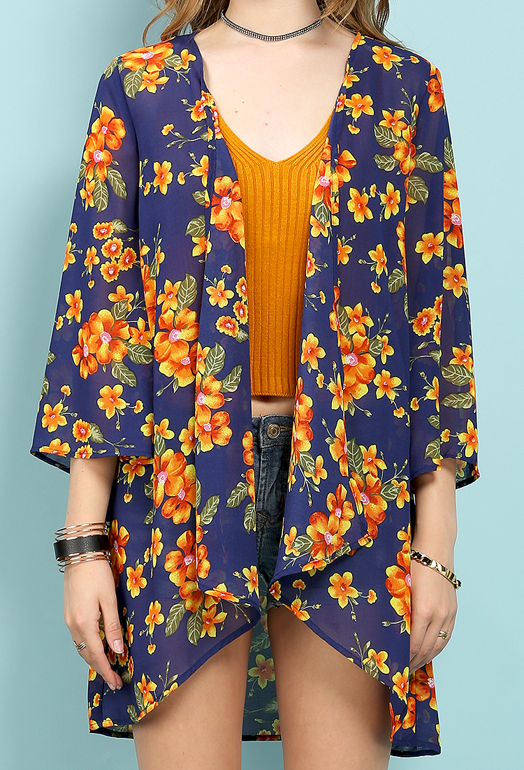Floral Patterned Open Kimono Cardigan