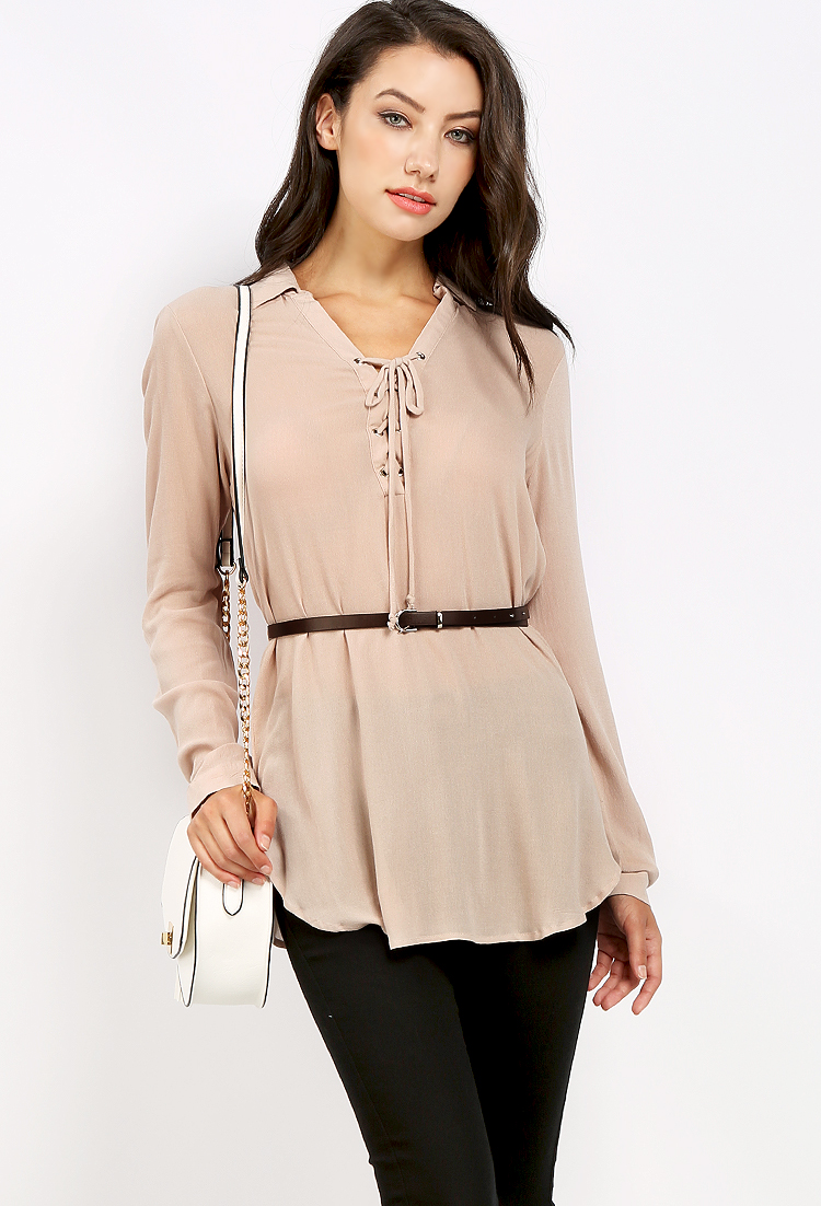 Belted Lace-Up Tunic Top