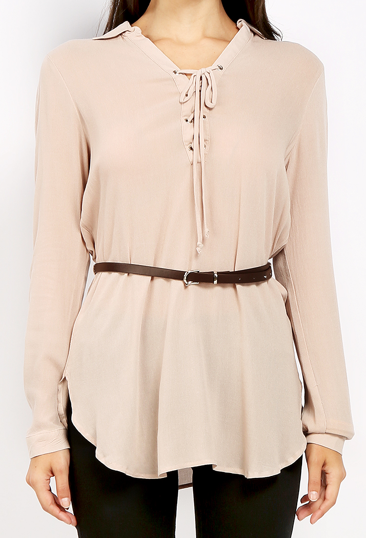 Belted Lace-Up Tunic Top