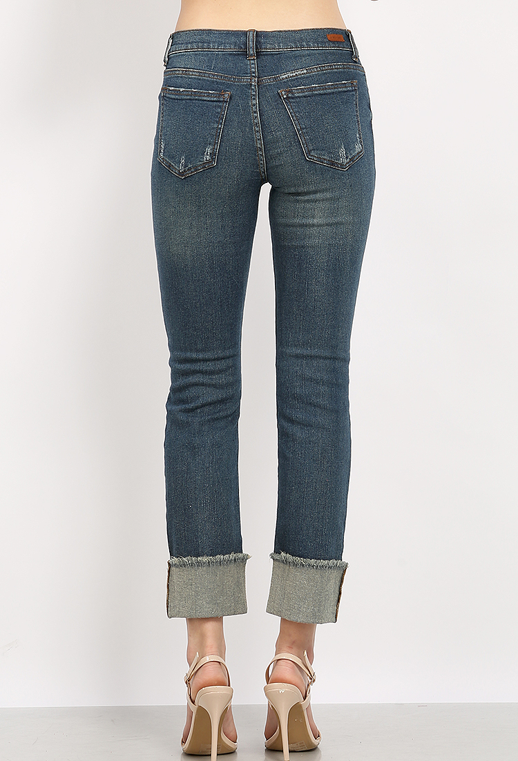 Rolled Up Distressed Straight Cut Jeans