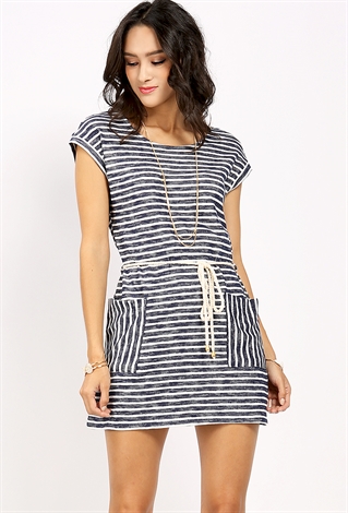 Stripped Mini Dress With Rope Belt 