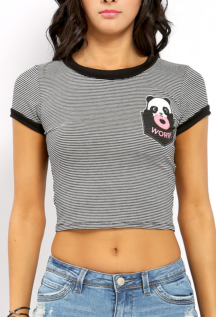 Striped Panda Donut Worry Graphic Crop Top