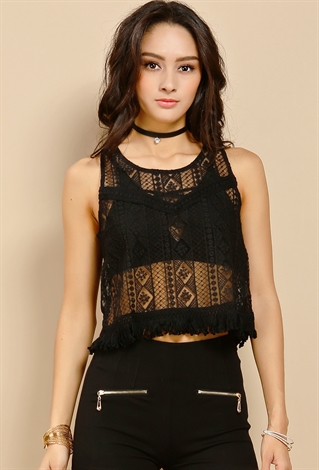 Embroidered Mesh Fringed Crop Top