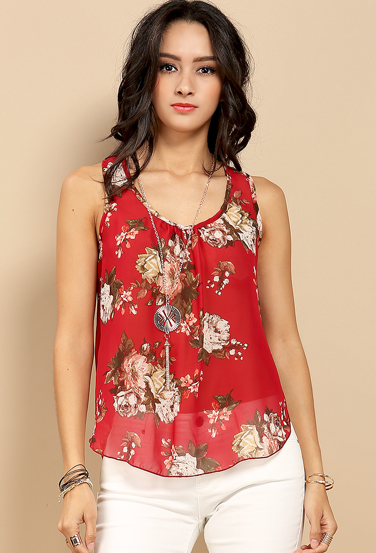 Floral Sleeveless Chiffon Top W/ Necklace