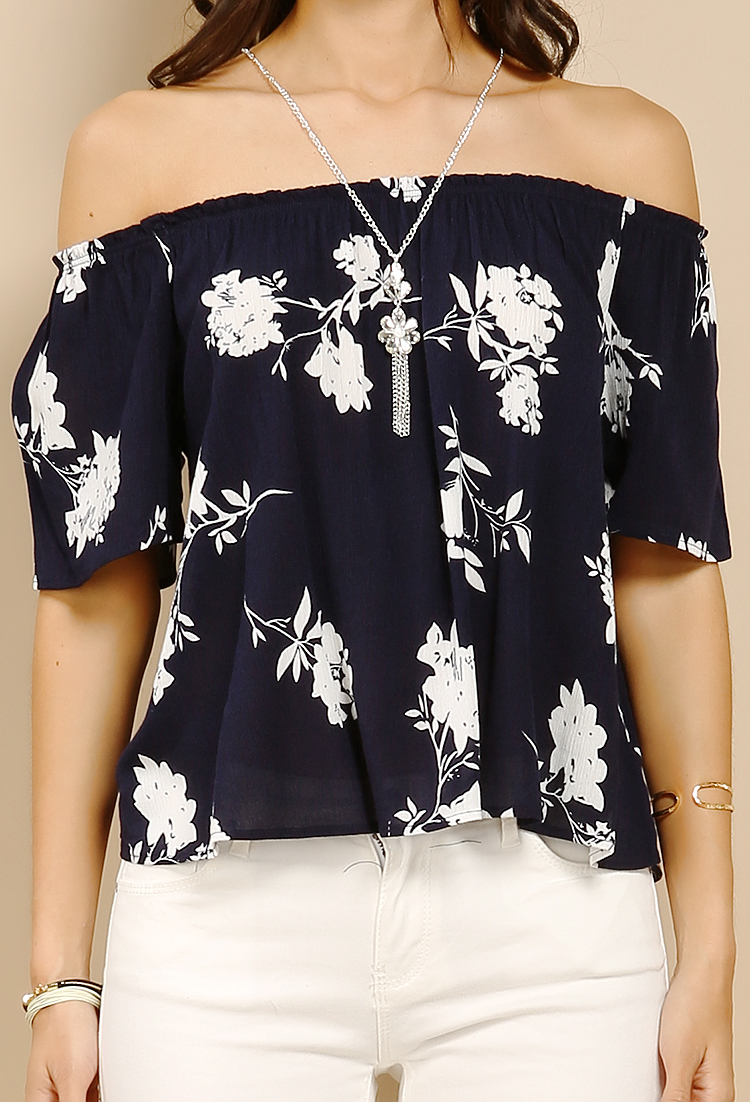 Contemporary Floral Off-The-Shoulder Top W/Necklace
