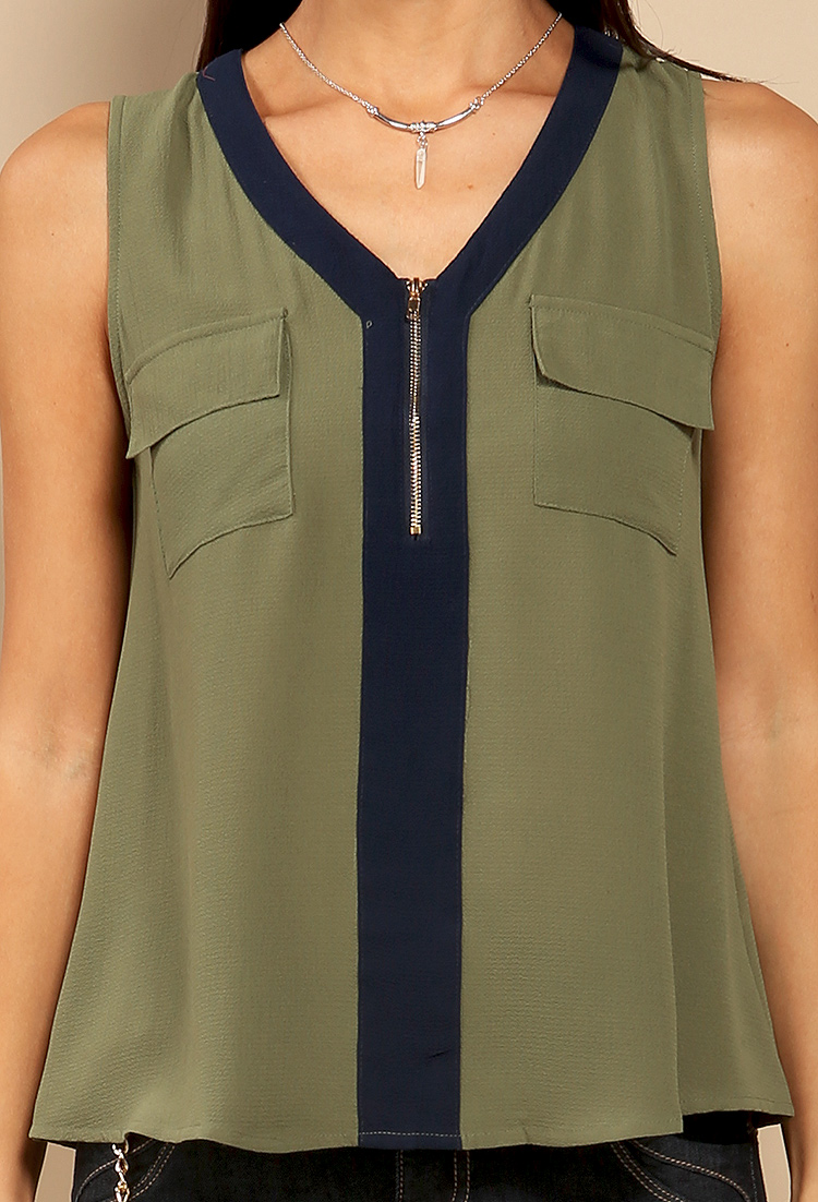 Zipper Accented Two Pocket Top