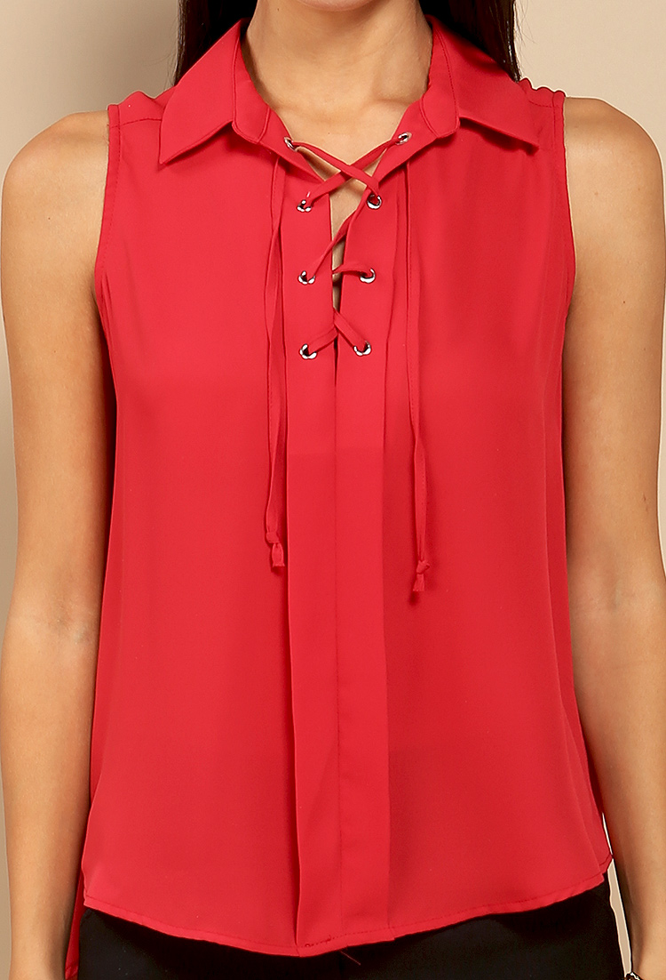 Lace Up Collared Blouse