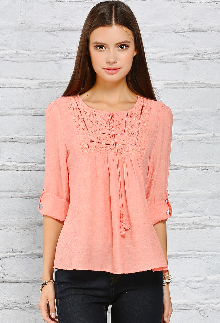 Lace Accented Roll-Up Blouse