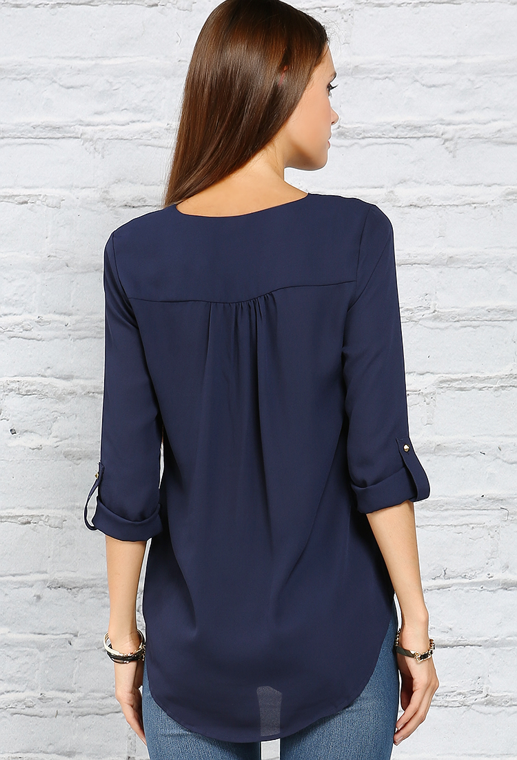 Zippered Roll-Up Sleeve Popover Blouse