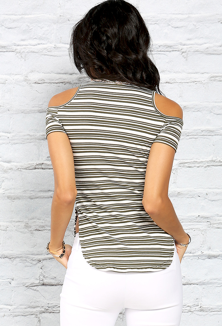 Striped Open-Shoulder Longline Top W/Necklace