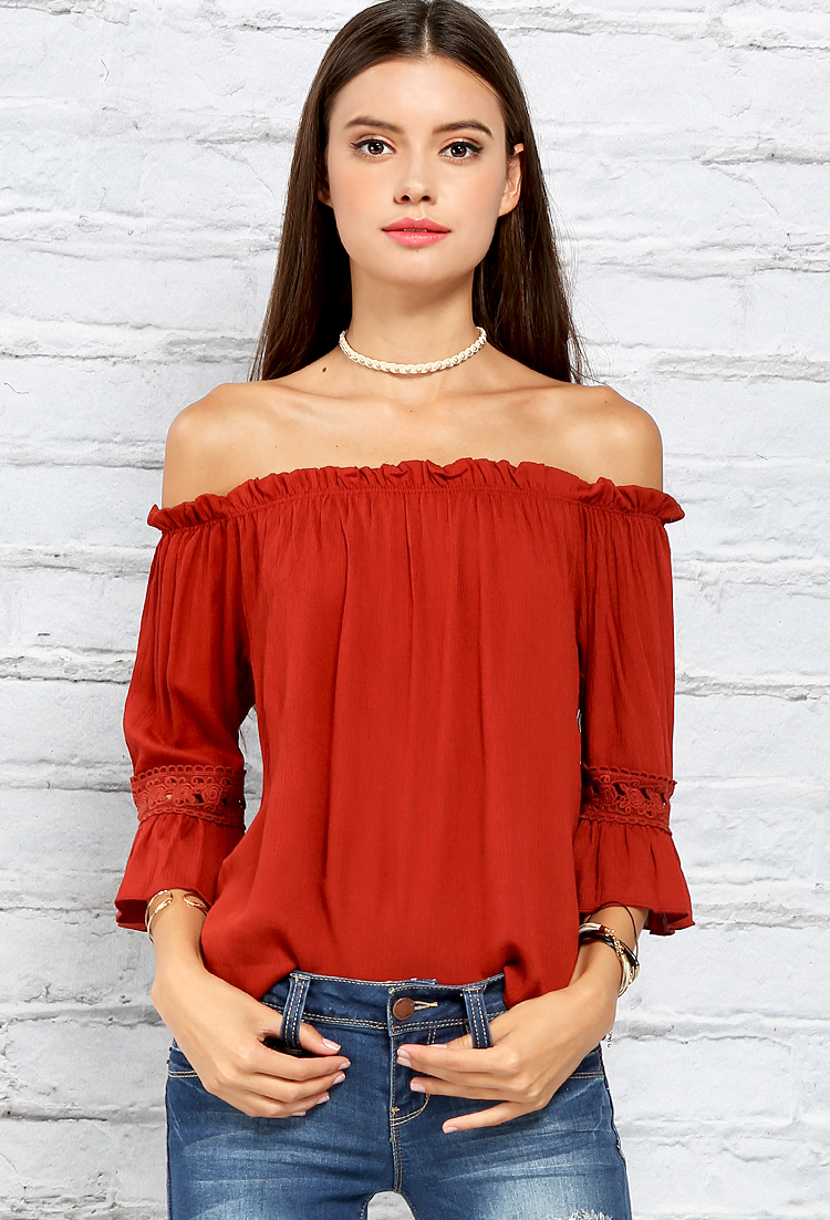Crochet-Trimmed Off-The-Shoulder Casual Top