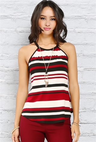Striped Halter Flare Top W/Necklace