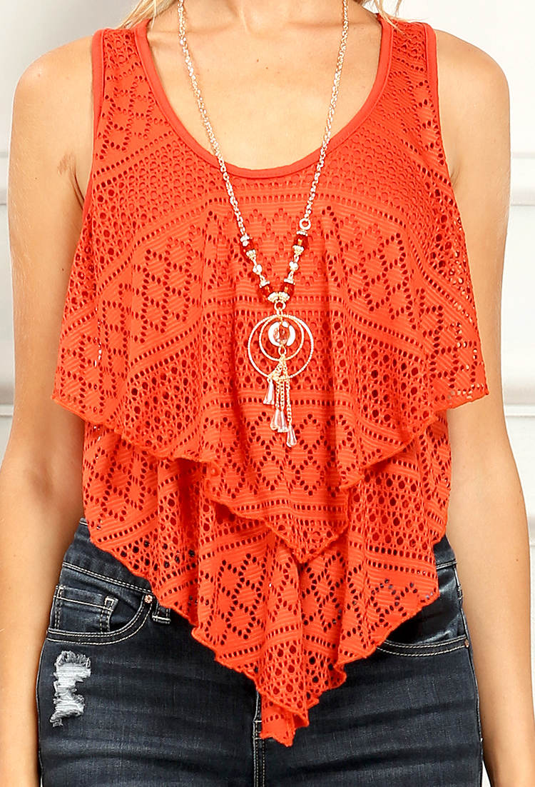 Tiered Crochet Flounce Top W/ Necklace