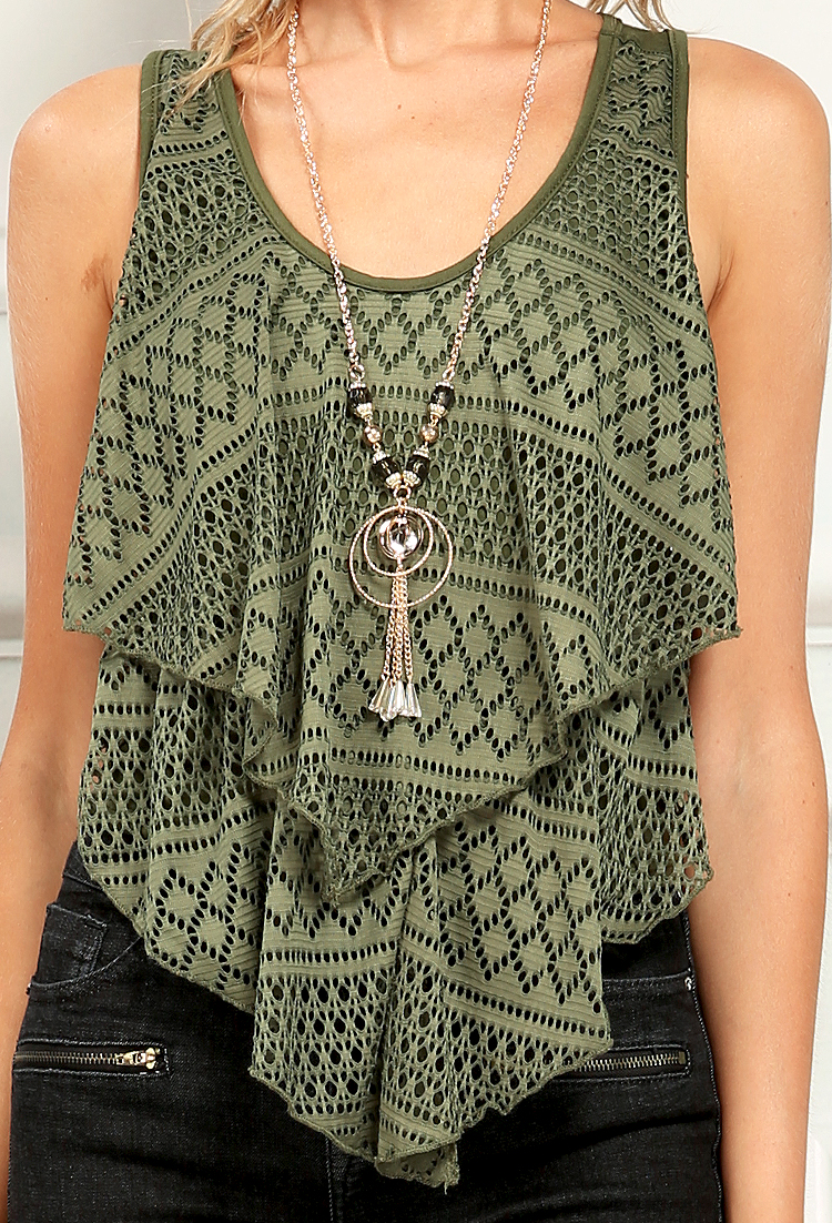 Tiered Crochet Flounce Top W/ Necklace