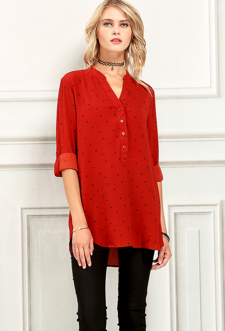 Anchor Patterned Roll-Up Blouse
