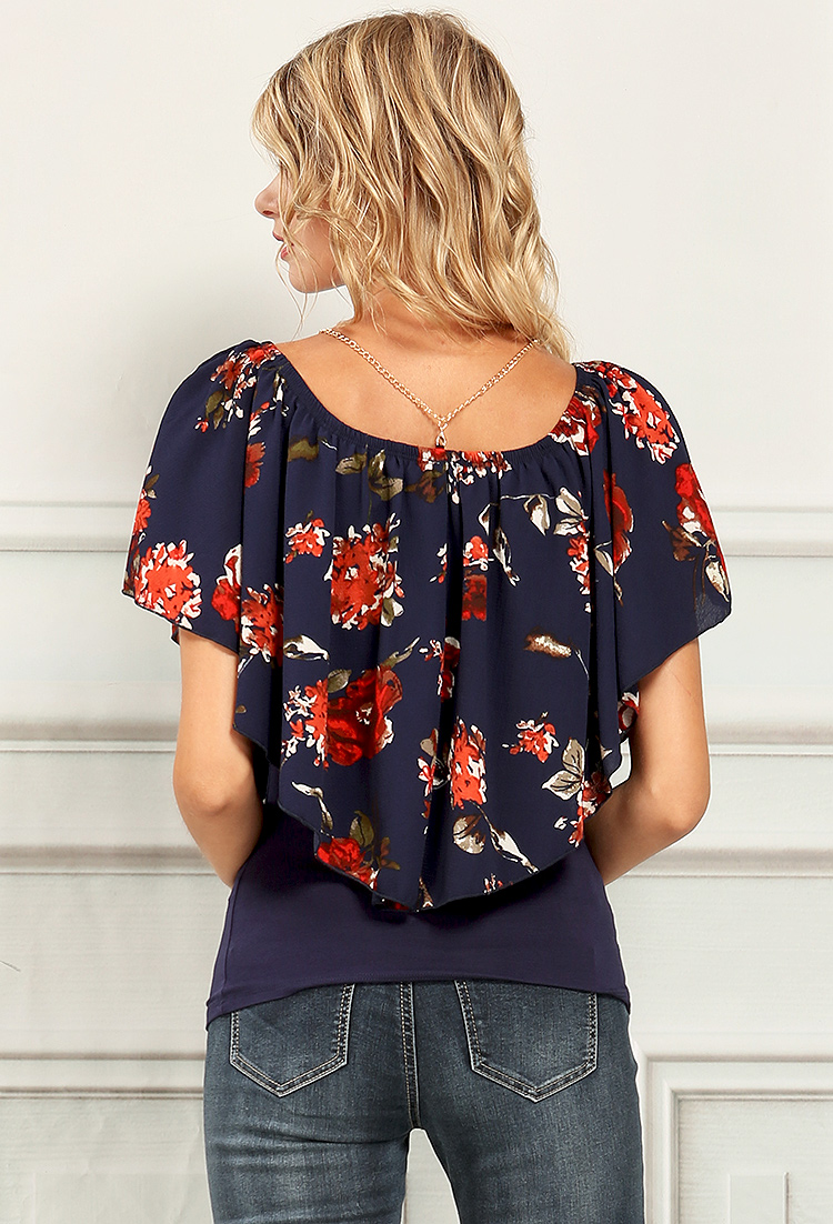 Contemporary Floral Ruffled Blouse W/ Necklace