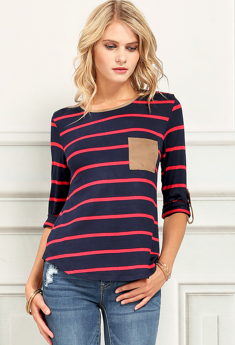 Striped Suedette Pocket Accented Tee