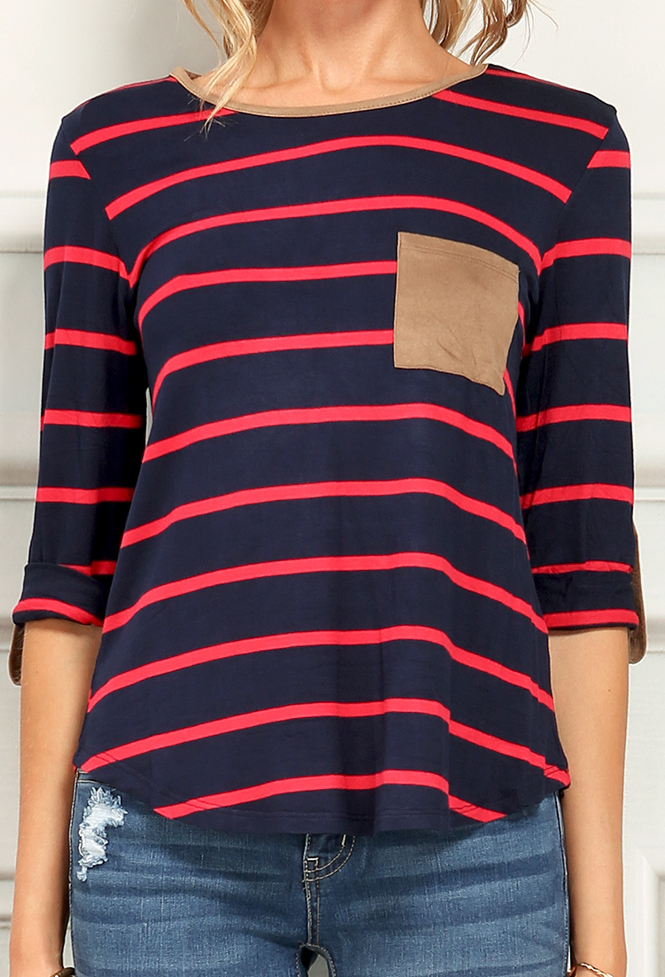 Striped Suedette Pocket Accented Tee