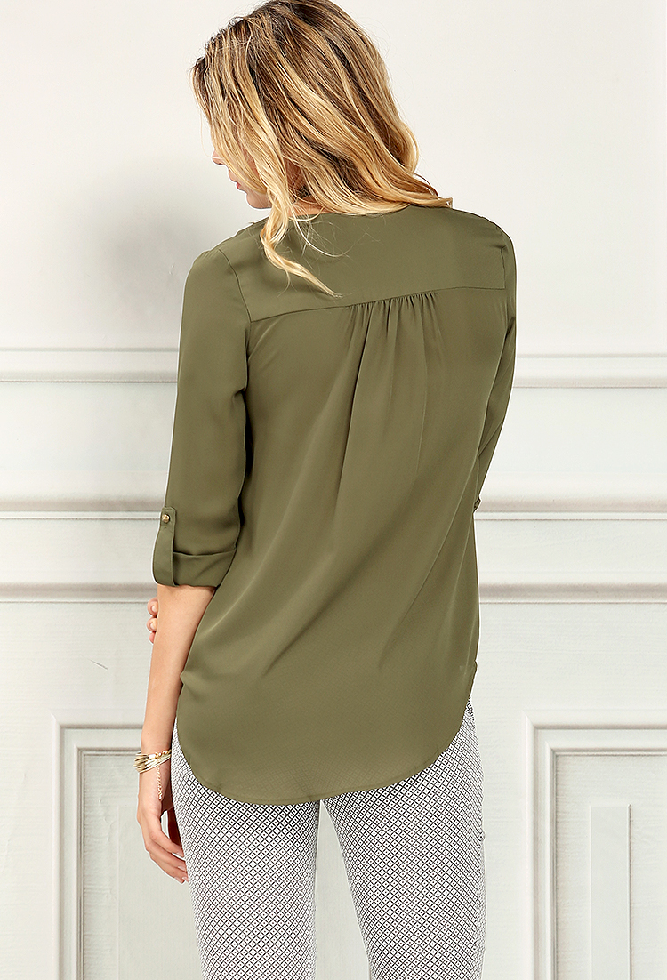 Zippered Roll-Up Sleeve Popover Blouse