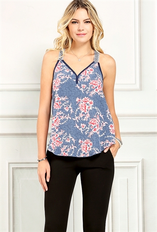 Floral Patterned Chambray Sleeveless Top