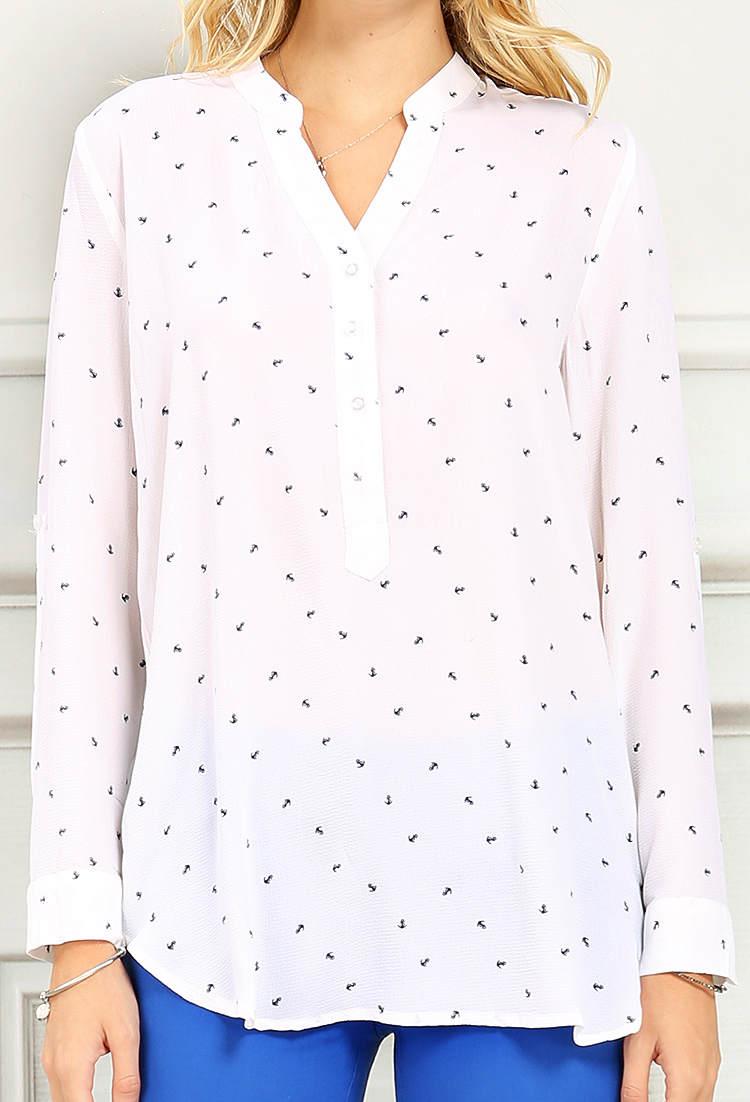 Anchor Patterned Roll-Up Blouse
