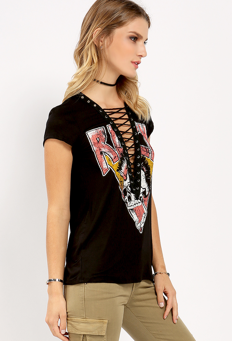 Skull Print Lace-Up Top