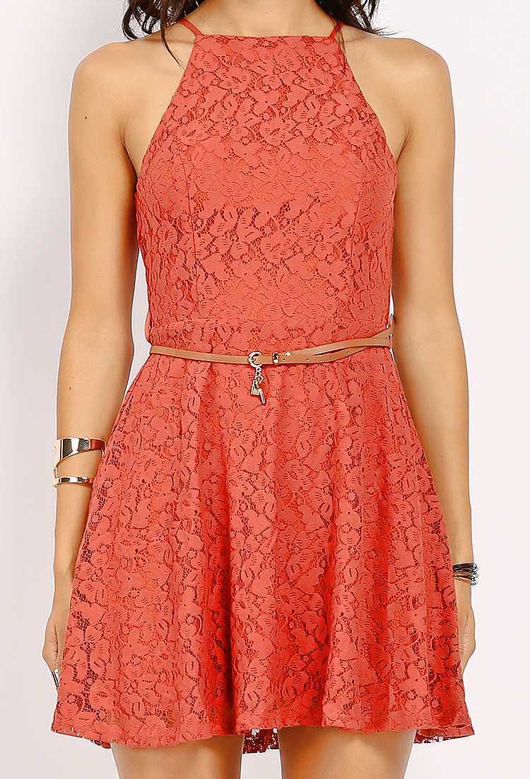 Lace Overlay Cami Mini Dress W/ Belt