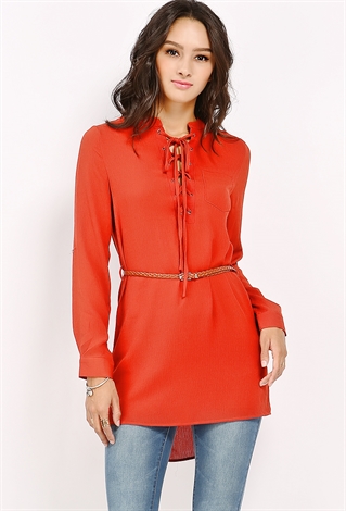 Longline Belted Lace-Up Tunic Top
