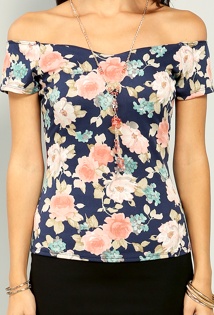 Floral Off-The-Shoulder Dressy Top W/Necklace
