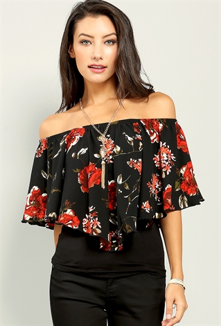 Contemporary Floral Ruffled Blouse W/ Necklace