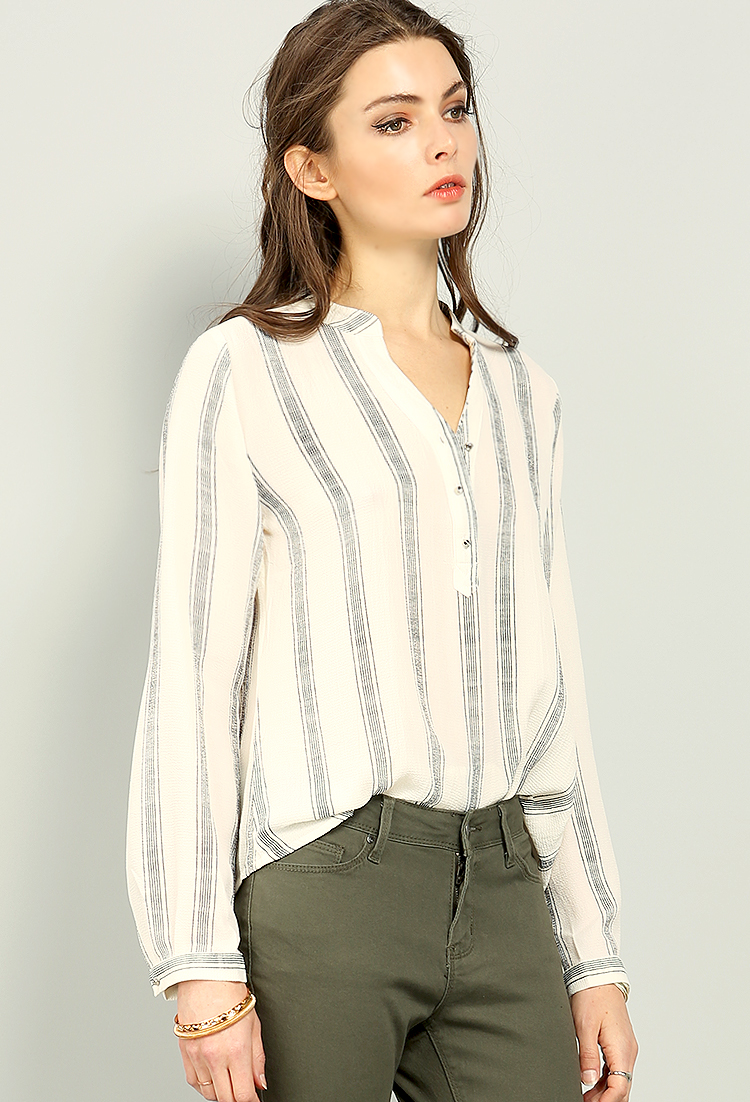 Striped Collarless Blouse