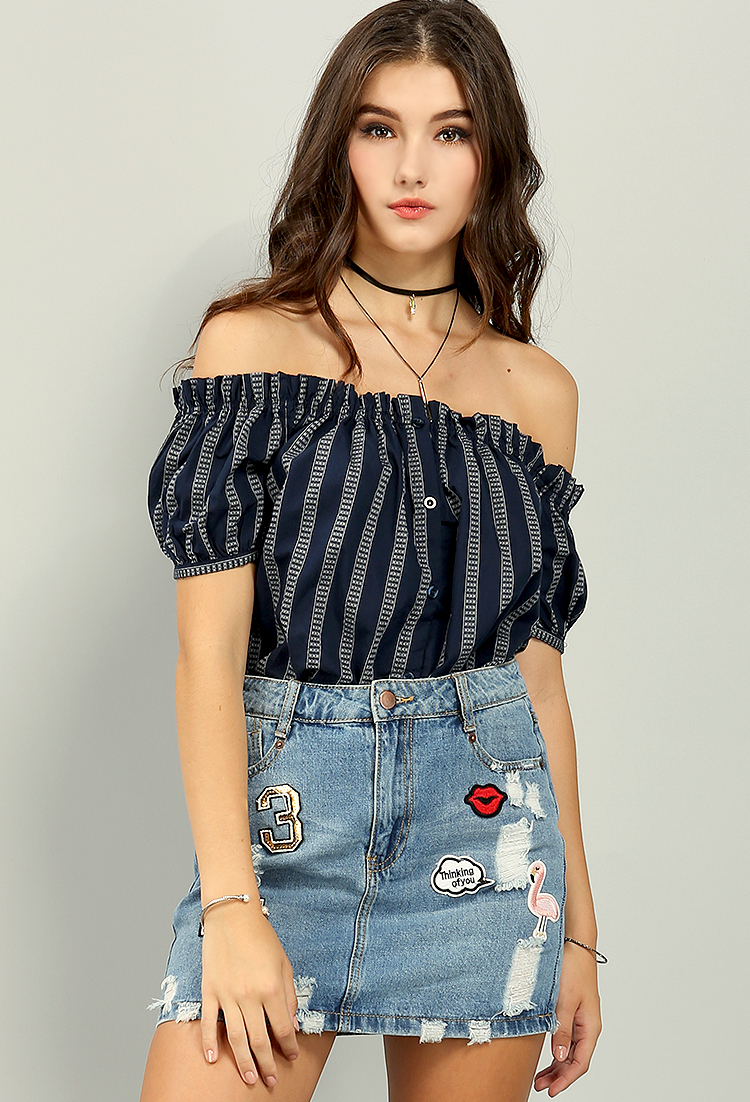 Striped Off-The-Shoulder Button Up Top